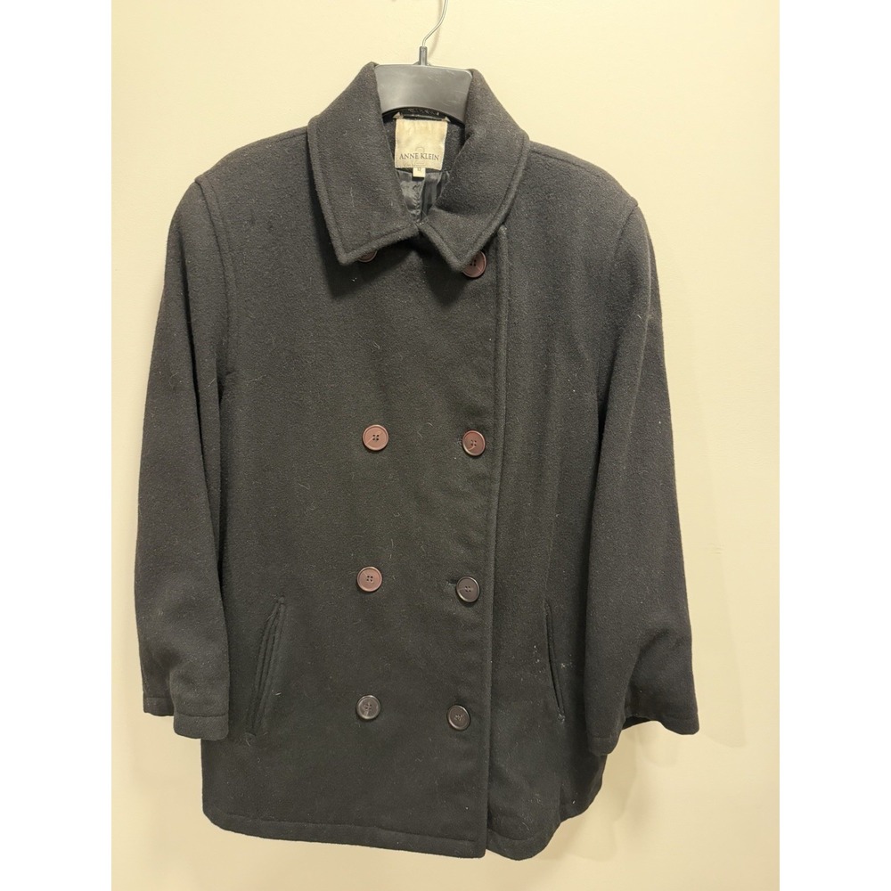 Anne Klein Black Wool Blend Peacoat Women Size 12 Mid Length Button Front Coat